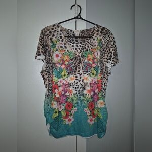 Chico's Size 2 (Large) Floral Leopard Print Women's Top